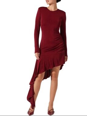 NWT ASTR Sz Medium Metallic Long Sleeve Asymmetrical Hem Mini Red Dress Ret $98!